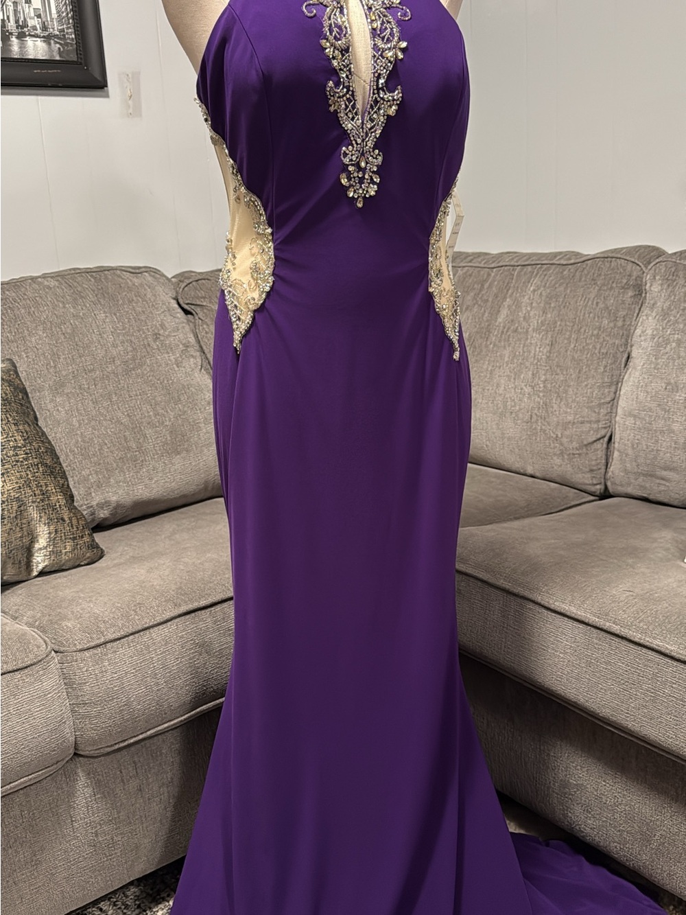 Elegant Purple Evening Gown with Gold Lace Accents
